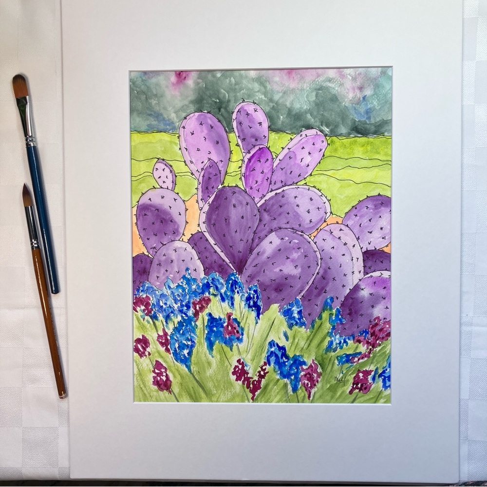 Abstract Prickly Pear Cactus Desert Landscape Original Watercolor Wall Art Paint